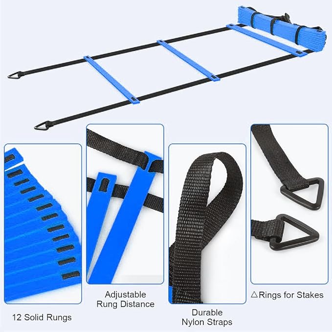 Speed Training Equipment Set, 12 rungs Agility Ladder, 12 Soccer Cones, Jump Rope, Running Parachute, Resistance Bands, Basketball Football Soccer Training Equipment for Kids Youth Adults.-StrideForce Fitness