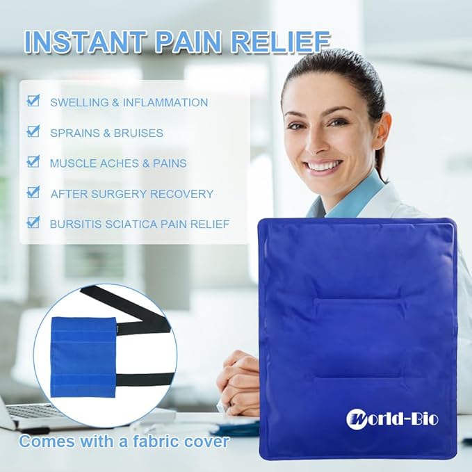 WORLD-BIO Large Gel Ice Pack Wrap for Injuries, Reusable Cold Compress Therapy Ice Pack with Straps for Swelling, Bruises, Hip, Knee Replacement Surgery, Back, Shoulder,11" x 14" Blue-StrideForce Fitness