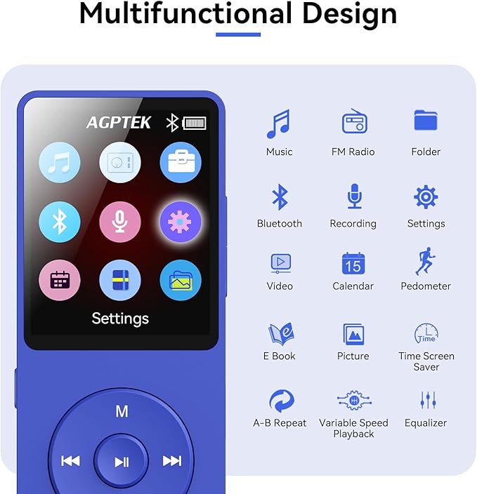 AGPTEK A02 MP3 Player with Bluetooth 5.3, 1.8 inch Screen Portable Music Player with Speaker, FM Radio, Voice Recorder, Supports Expanded Up to 128GB(Blue, 64GB)-StrideForce Fitness