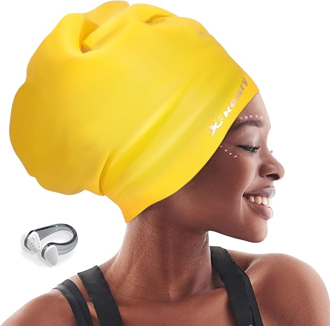 Keary Extra Large Swim Cap for Braids and Dreadlocks Extensions Weaves Long Hair, Waterproof Silicone Cover Ear Bath Pool Shower Swimming Cap for Adult Youth to Keep Hair Dry, Easy to Put On and Off-StrideForce Fitness