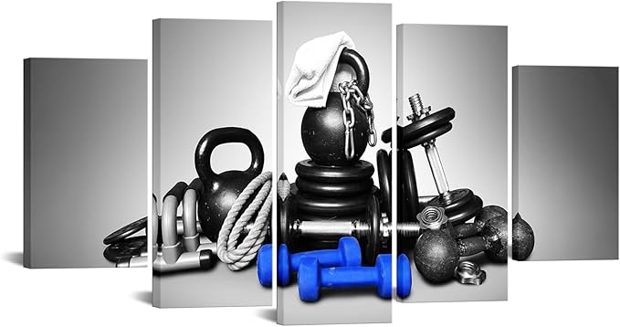 KREATIVE ARTS Large 5 Panel Wall Art Fitness Equipment Canvas Prints Black and Blue Gym Pictures for Boys Men Bedroom Artwork Painting Home Decor Sportsman Gifts Decoration-StrideForce Fitness