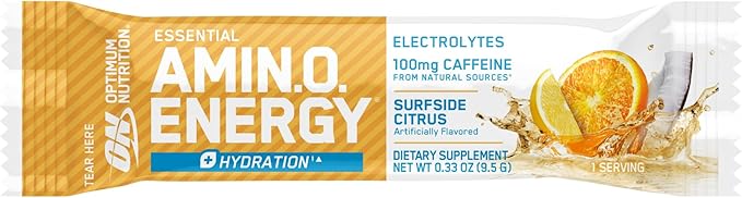 Optimum Nutrition Amino Energy Plus Hydration Packets, On-The-Go Caffiene Stick Packs, Surfside Citrus, 25 Count-StrideForce Fitness