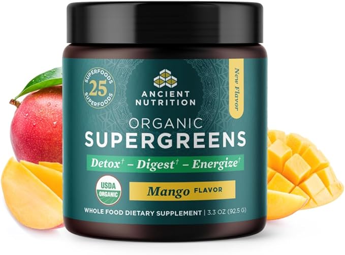 Ancient Nutrition SuperGreens Powder with Probiotics, Organic Mango Flavor Greens, Made from Real Fruits, Vegetables and Herbs, Digestive and Energy Support, 12 Servings, 3.3oz-StrideForce Fitness