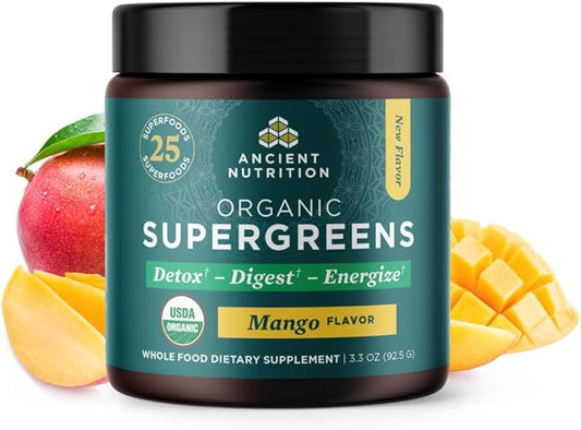 Ancient Nutrition SuperGreens Powder with Probiotics, Organic Mango Flavor Greens, Made from Real Fruits, Vegetables and Herbs, Digestive and Energy Support, 12 Servings, 3.3oz-StrideForce Fitness