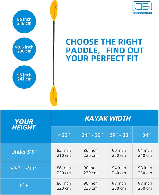 OCEANBROAD Kayak Paddle 86in/218cm, 90.5in/230cm, 95in/241cm Alloy Shaft Kayaking Boating Canoeing Oar with Paddle Leash-StrideForce Fitness