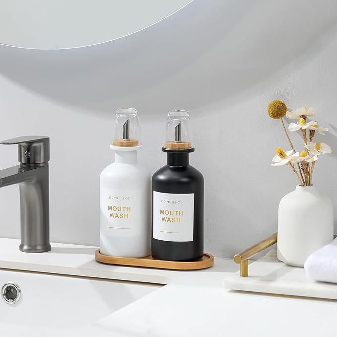 11.8OZ Mouthwash Dispenser for Bathroom with Bamboo & Stainless Steel Pour Spout, Mouthwash Cups Reusable, Bamboo Tray, and Elegant Gold Label. Set of 2（Black/White
