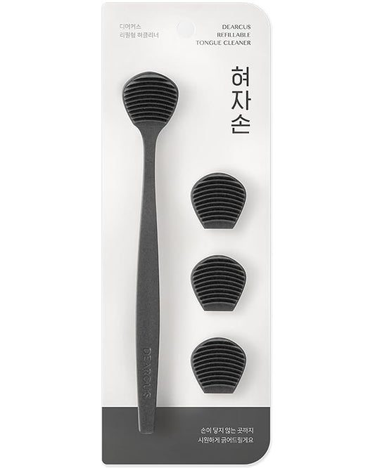 DEARCUS Korean Tongue Scraper with 3 Replaceable Heads - 100% BPA Free TPE Tongue Cleaner - Reduce Bad Breath & Without Hurt - Hygienic Scraper - Modern & Simple Design (Deep Gray)