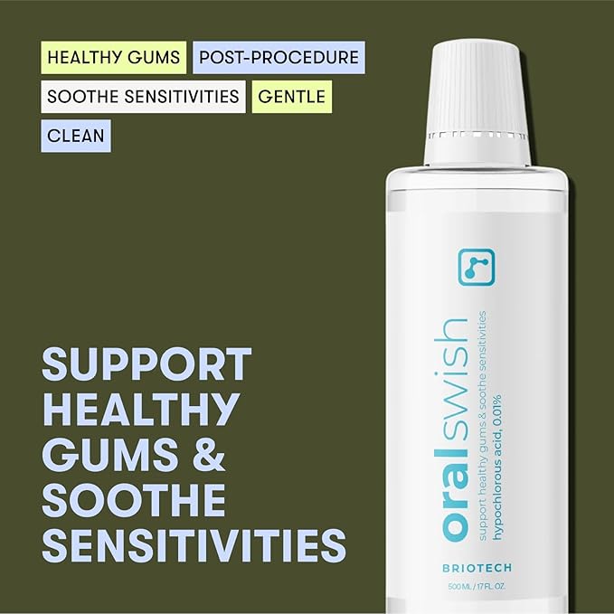 BRIOTECH Oral Swish, Hypochlorous Acid Mouthwash Rinse, Gentle Oral Care Hygiene, Fight Bad Breath, Support Against Plaque, Gum Irritation & Tender Gums, Alcohol & Fluoride Free, 17 fl oz