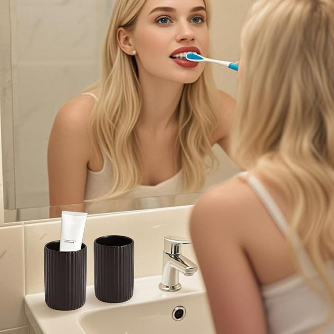 Black Toothbrush Holder, Ceramic Tooth Brush Holder Set, Ribbed Bathroom Cups Tumbler, Reusable Toothbrush Mouthwash Cup, Toothpaste Holder Toothbrush Organizer for Bathroom Counter