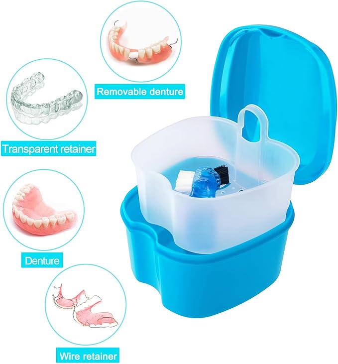 Keedolla Denture Cup Orthodontic Retainer Case, Denture Bath Box Dental Mouthguard Case Cleaning with Brush, Strainer Basket and Lid Waterproof - Blue