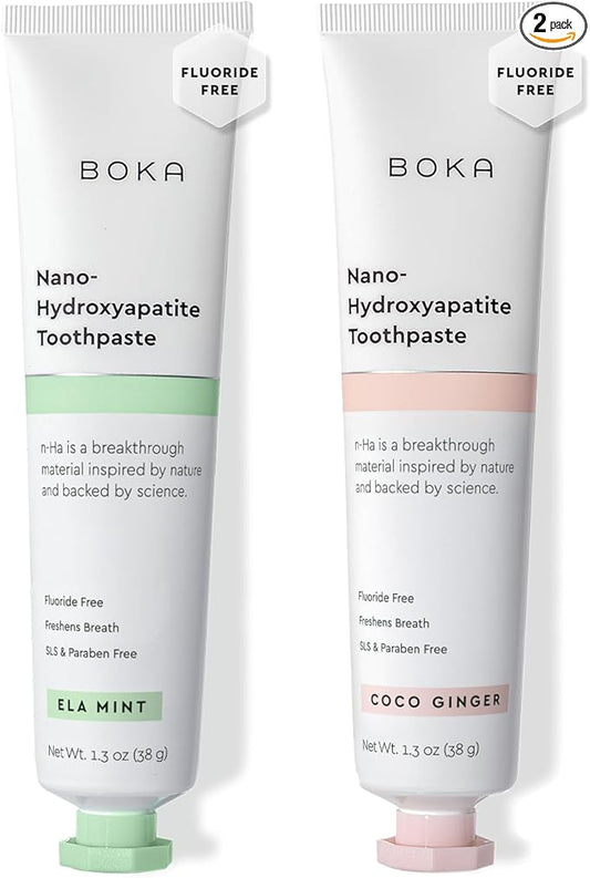 Boka Fluoride Free Toothpaste, Nano Hydroxyapatite Toothpaste, Appropriate for Sensitive Teeth - for Adult, Kids Oral Care - Ela Mint, Coco Ginger Flavor, 1.3 Fl Oz 2Pk US Manufactured
