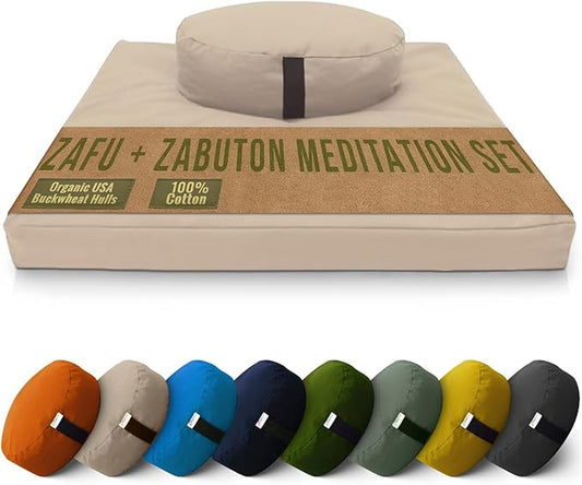 Bean Products Meditation Cushion Mat Set - Zafu Floor Pillow Organic Buckwheat Pillow + Cotton Filled Zabuton Prayer Pad - Meditation Pillow Yoga Knee Pad - Made in USA - 14" Round or 18" Oval