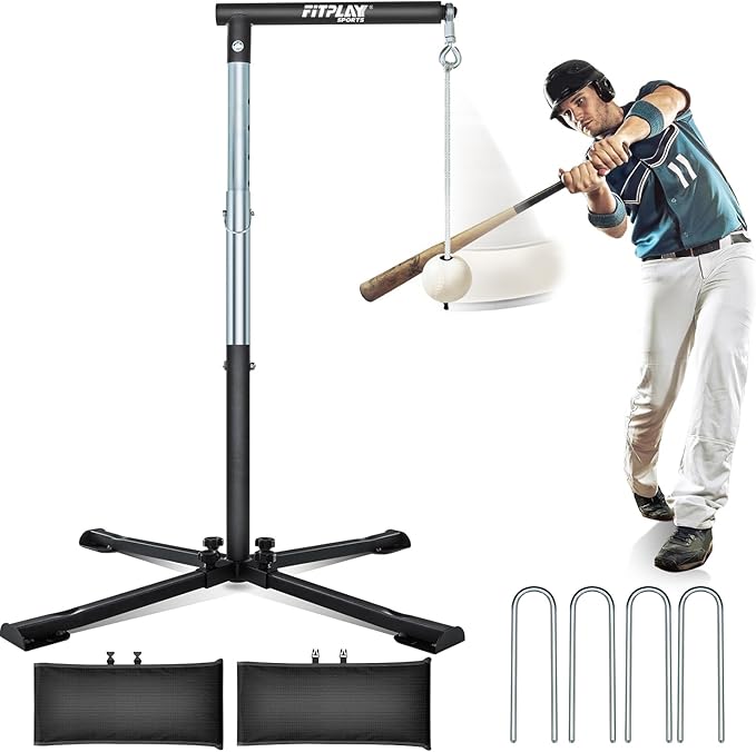 Batting Tee with Tethered Ball – Adjustable 20" to 45" Baseball & Softball Hitting Trainner – Metal X-Base with 4 Ground Stakes & 2 Sandbags for Maximum Stability – Swing Trainner for All Ages-StrideForce Fitness
