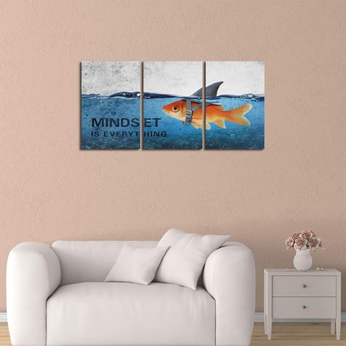 3 Panels Modern Framed Inspirational Canvas Wall Art Goldfish Body Strong Shark Heart Mindset is Everything Motivational Wooden Decor Posters for Office Gym Classroom Home Decoration(48''W x 24''H)-StrideForce Fitness