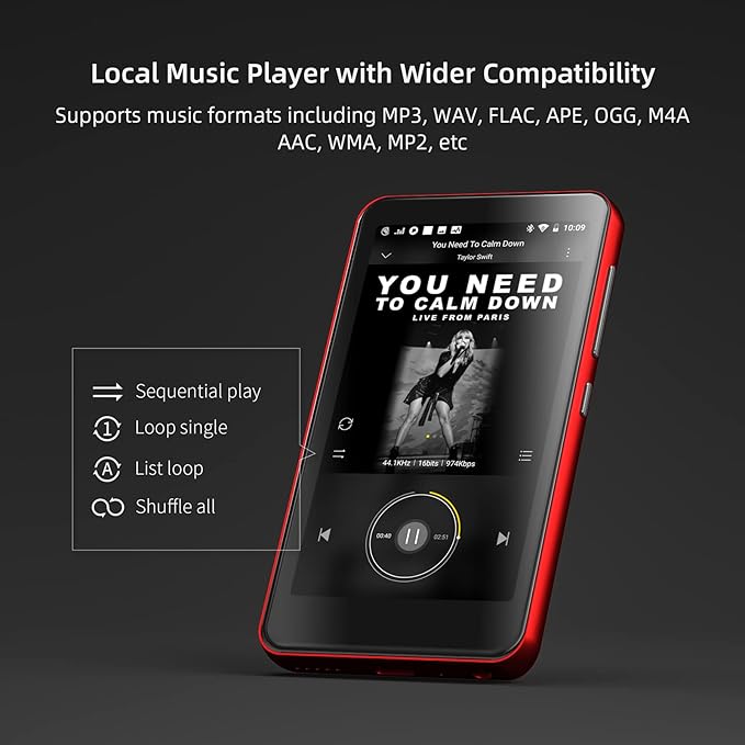 MP3 Player with Bluetooth and WiFi,MP3 Player with Spotify,Spotify Kids,Audible,Pandora,Amazon Music,4" Music Player MP4 Up to 1TB(80GB,Red_Black)-StrideForce Fitness