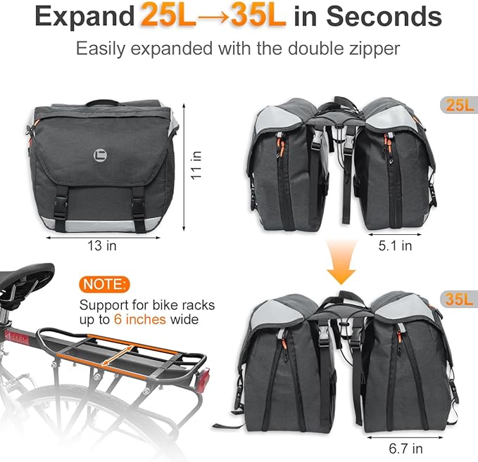 Bike Panniers, Waterproof Panniers Bike Bags for Rear Rack 25L-35L Expandable – Large Bicycle Saddle Bag with Reflective Strips, Double Panniers Storage Cargo Bag for Cycling Traveling Commuting-StrideForce Fitness