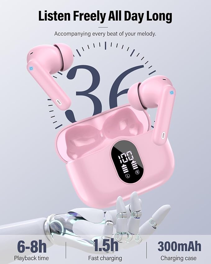 Wireless Earbuds, Bluetooth 5.4 Headphones Bass Stereo, Ear Buds with Noise Cancelling Mic, IP7 Waterproof in Ear Earphones, 36H LED Display Bluetooth Earbuds for Laptop Pad Phones Sports, Pink-StrideForce Fitness