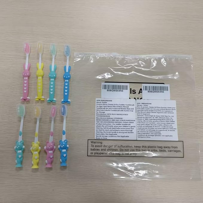 Patelai 24 Pcs Toddler Toothbrush for Age 2 up, Kids Toothbrush Set with Covers, Soft Children Manual Brushes Bulk with Suction Cup for Upright Storage, Rabbits and Bears Brushes for Travel