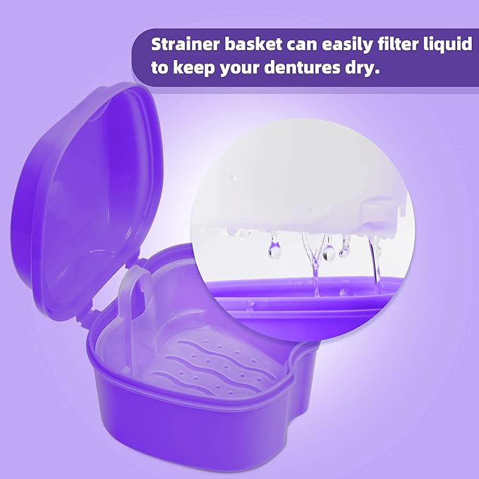 Denture Soaking Cup Dental Retainer Case Cleaning with Strainer Basket, Orthodontic Bath Box Mouthguard Storage Holder - Purple