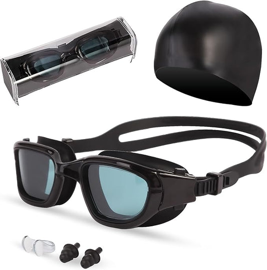 Swim Goggles, Goggles Adult with Swimming Cap, Nose Clip & Ear Plugs, UV Protection Anti-Fog Lens and Case for Adult-StrideForce Fitness