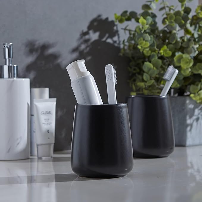 Black Toothbrush Holder for Bathroom - Ceramic Tooth Brushing Holders, Toothpaste Holder, Reusable Toothbrush Mouthwash Cup, Space-Saving Design for Bathroom Countertop