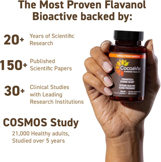 CocoaVia Cardio Health Supplement, 30 Day, 500mg Cocoa Flavanols, Support Heart Health, Boost Nitric Oxide, Blood Circulation, Energy, Vegan, Dark Chocolate, 60 Capsules-StrideForce Fitness