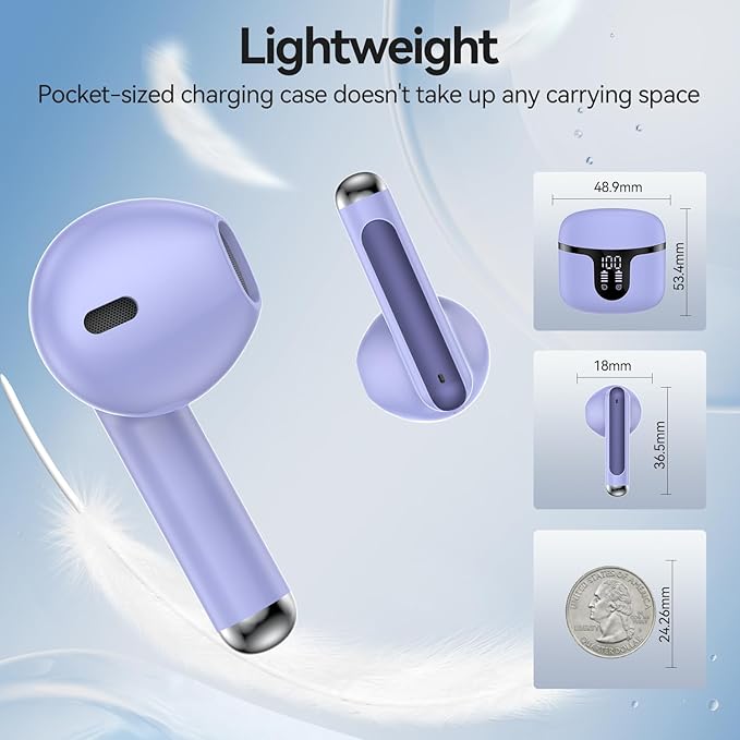 Wireless Earbuds, 2025 Bluetooth 5.3 Headphones HiFi Stereo 50H Playback Ear Buds with Led Digital Display, ENC Noise Cancelling Earbuds for Laptop Computer, iOS, Android, Purple-StrideForce Fitness