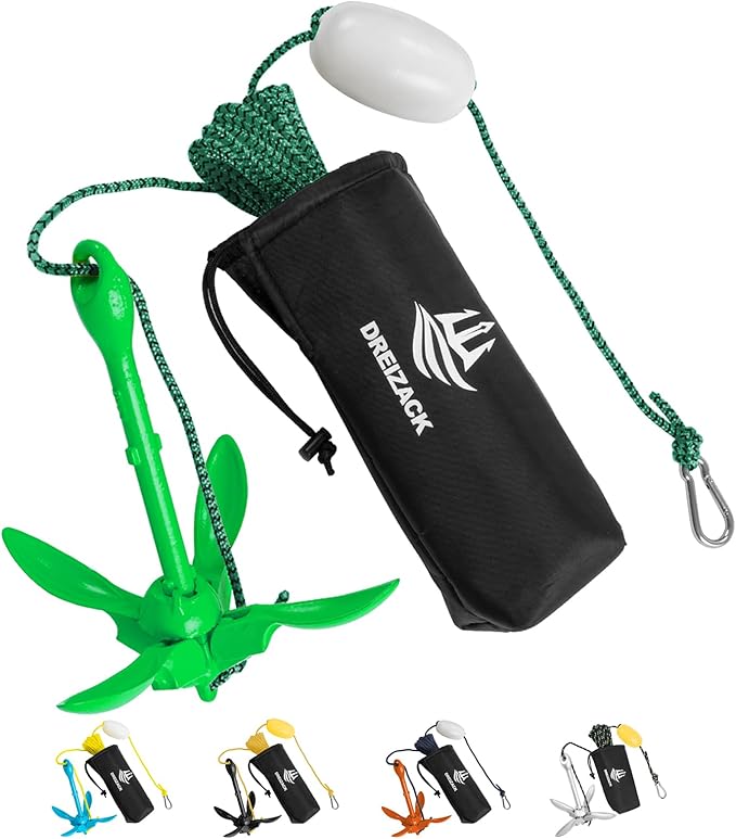 Dreizack Kayak Anchor Kit, 3.5 lb Folding Grapnel Boat Anchor Trolley Accessories with 40ft Rope and PVC Buoy for Fishing Kayaks SUP Paddle Boards Canoes Jet Ski PWC Inflatable Small Boats-StrideForce Fitness