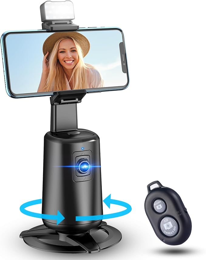 Auto Face Tracking Tripod 360° Rotating Cell Phone Photo and Video Kits Stand, No App, Camera Stand with Remote and Gesture Control, Rechargeable Smart Shooting Stand for Live Recording Tiktok（Black）-StrideForce Fitness