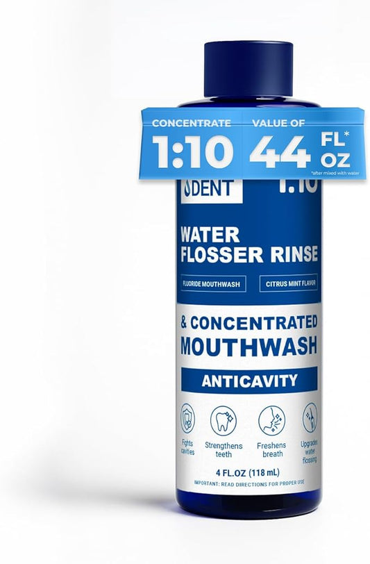 Fluoride Mouthwash and Water Flosser Аdditive | Add to Oral irrigator | Citrus Mint Flavor | Alcohol Free, Made in USA | Concentrated 1:10 = 44 fl.oz