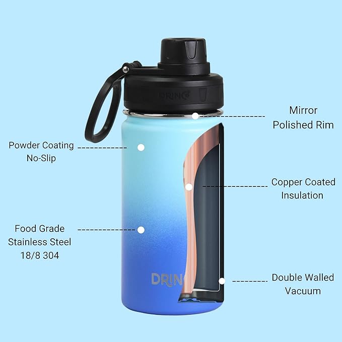 DRINCO Stainless Steel Water Bottle Spout Lid Vacuum Insulated Double Wall Water Bottle Wide Mouth (40oz 32oz 22oz 18oz 14oz) Leak Proof Keeps Cold or Hot (14 oz, 14oz Morning Sky Blue)-StrideForce Fitness