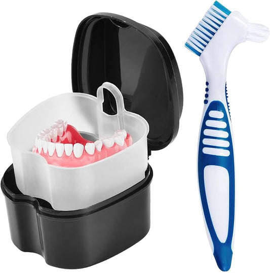 Black Denture Bath Case Cup Box Holder Storage Container with Denture Cleaner Brush Strainer Basket for Travel Cleaning