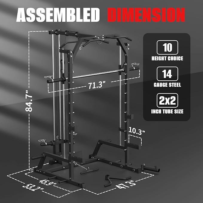 Smith Machine, Power Rack with LAT Pulldown System, Power Cage with Cable System, Squat Rack for Home Gym with Chest Press Machine, Spotter Arms, Leg Curl Attachment and More-StrideForce Fitness