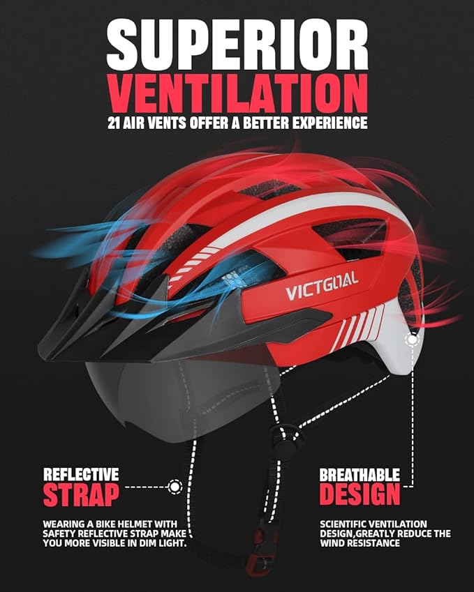 VICTGOAL Bike Helmet for Men Women with Led Light Detachable Magnetic Goggles Removable Sun Visor Mountain & Road Bicycle Helmets Adjustable Size Adult Cycling Helmets-StrideForce Fitness