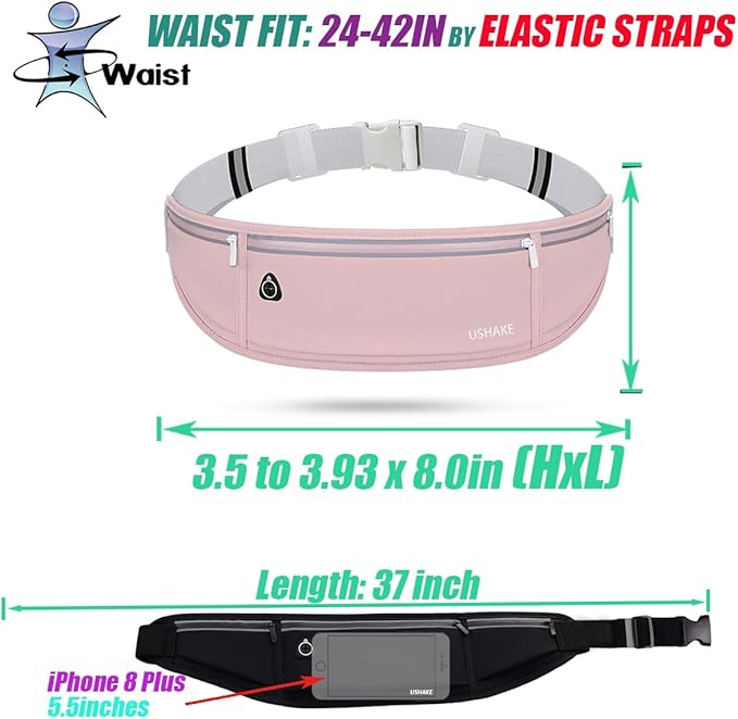 USHAKE Slim Running Belt, Workout Fanny Pack for Men Women,Exercise Waist Pack for Apple iPhone Holder, Runner Belt for Running Walking Cycling Camping Gym Light Pink-StrideForce Fitness