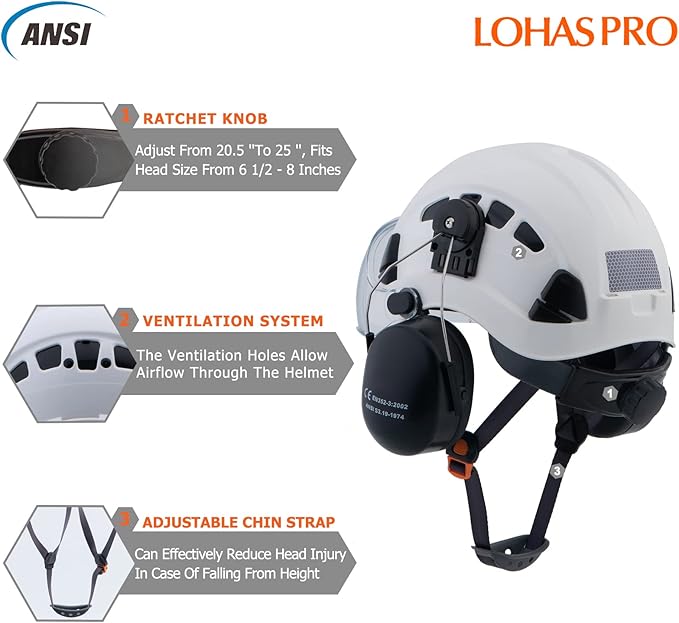 LOHASPRO Arborist Forestry Helmet Safety Hard Hat with Visor and Ear Muffs for Tree Service Logging Cutting Wood Chainsaw Helmet Garden Work Trimming Mowing(P91 White+Clear Visor+Earmuff)-StrideForce Fitness