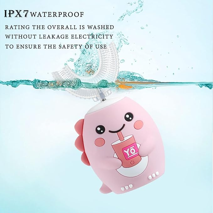 Kids U Shaped Electric Toothbrush，auto Sonic Baby Toothbrush，Cartoon Dinosaur 360-Degree Cleaning IPX7 Waterproof Design(8-15y, Pink)