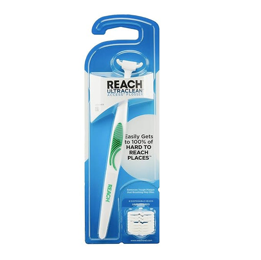 REACH Ultraclean Access Flosser Starter Kit, Unflavored, Plaque Remover for Teeth, for Hard to Reach Areas, Oral Care, PFAS Free, 1 Replaceable Flosser & 8 Refill Heads, 1 Pack