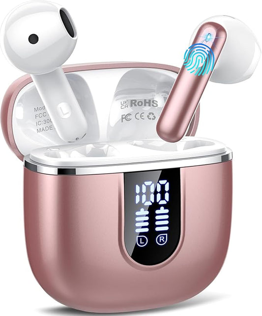 Wireless Earbuds, Bluetooth 5.4 Headphones with 3D Bass Stereo, 40H Ultralight in-Ear Buds, Bluetooth Earbuds with 4 ENC Noise Cancelling Mic, USB-C, IP7 Waterproof Earphones for Android iOS, Rose-StrideForce Fitness