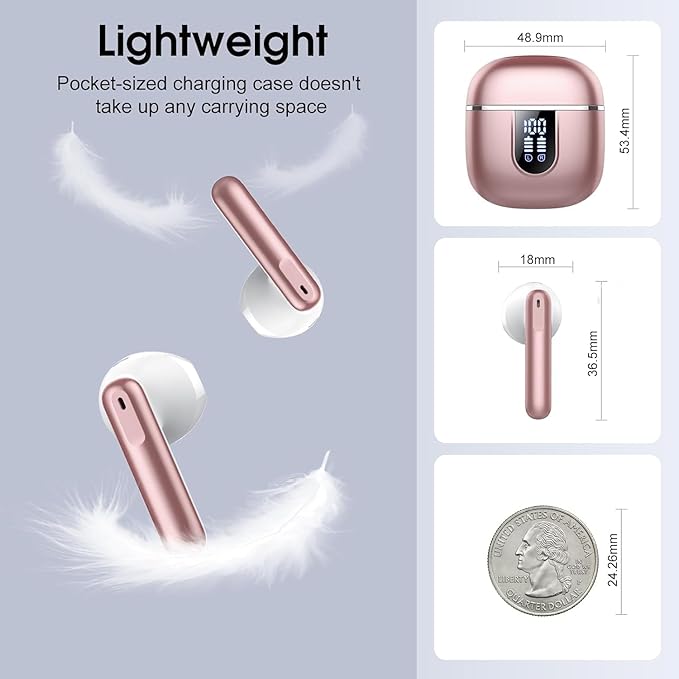Wireless Earbuds, Bluetooth 5.4 Headphones with 3D Bass Stereo, 40H Ultralight in-Ear Buds, Bluetooth Earbuds with 4 ENC Noise Cancelling Mic, USB-C, IP7 Waterproof Earphones for Android iOS, Rose-StrideForce Fitness