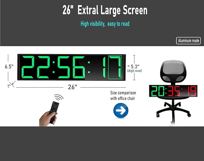 26'' Extra Large Home Gym Timer Clock, Programable Workout Interval Timer, Digital Wall Clock, with 7-Color Night Light, 8 Alarm Clocks, Calendar/Temperature, Countdown & Stopwatch (Green)-StrideForce Fitness
