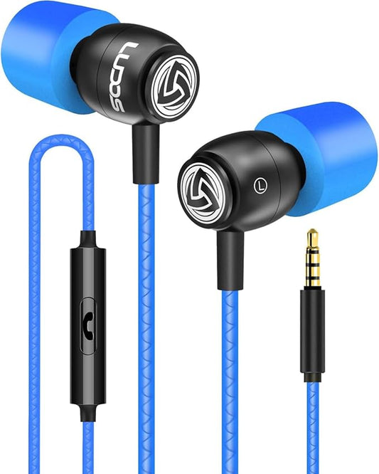 LUDOS Clamor Wired Earbuds in-Ear Headphones, 5 Years Warranty, Earphones with Microphone, Noise Isolating Ear Buds, Memory Foam for iPhone, Samsung, School Students, Kids, Women, Small Ears - Blue-StrideForce Fitness