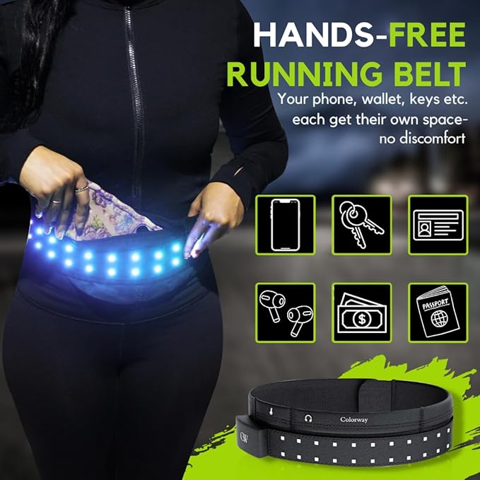 Colorway Led Running Belt – Day & Night Adjustable Waist Pack, Removable Light Strip, 3 Pouches for All Essentials, Reflective Running Gear for Men & Women (Rechargeable, Machine Washable)-StrideForce Fitness