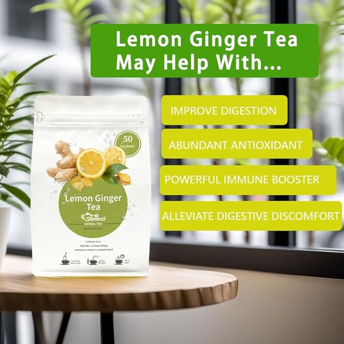Samcci - Lemon Ginger Tea Bags, 50 Teabags - Great Hot or Iced – Aromatic, Natural, Pleasantly Spicy & Warming - Non-GMO - Caffeine-free - Support Healthy Digestion & Boost Immunity-StrideForce Fitness