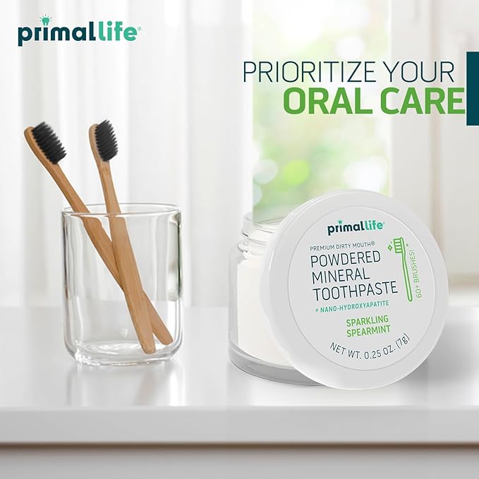 Primal Life Organics Dirty Mouth Toothpowder, Tooth Cleaning Powder, Flavored Essential Oils, Hydroxyapatite, Natural Kaolin, Bentonite Clay, USE: 60+ Brushings, Paleo, Organic, Vegan Spearmint 0.25oz