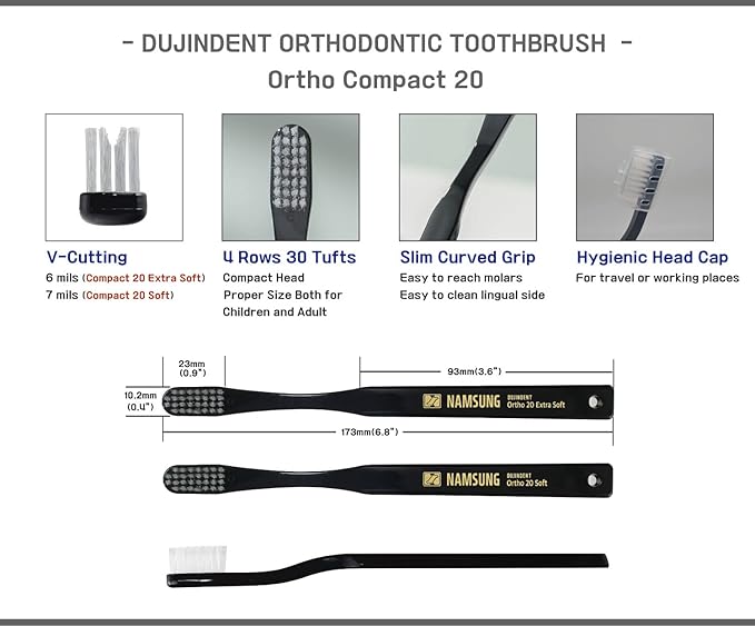 Orthodontic Toothbrush for Braces [4 Packs][Made in Korea] V Trim Cutting American Bristles Braces Toothbrush for Brackets and Wires Cleaning (Ortho Compact 20 Extra Soft, 4 Pack)