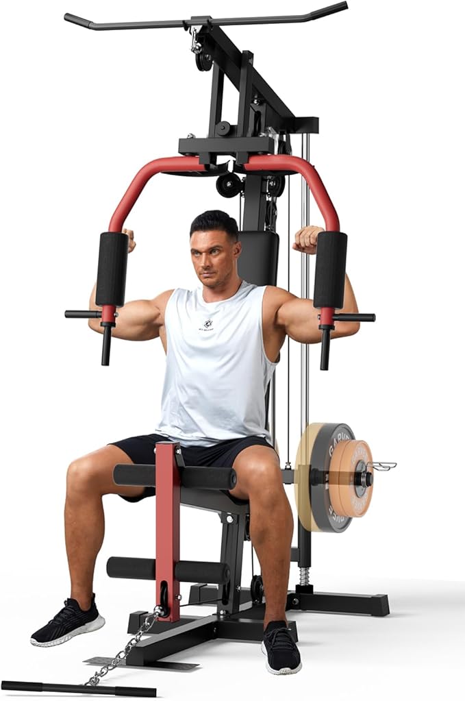 Multifunctional Home Gym Equipment with Lat Pulldown, Exercise Workout Station with Leg Press,Max 300LBS Capacity Home Gym Mahcine for Full Body Strength Training,Fit 1" & 2" Weight Plates(No Include)-StrideForce Fitness