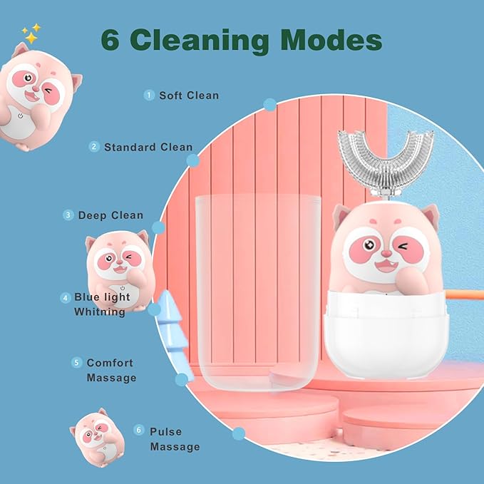 Kids Electric Toothbrush, U Shaped Toothbrush Kids Sonic Automatic Brush with 5 Brush Head 6 Sonic Clean Modes IPX7 Waterproof Raccoon Design Rechargeable Smart Timer for Children 2-7