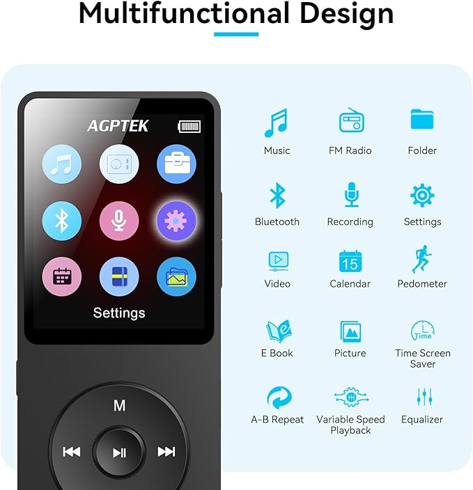 AGPTEK A02 MP3 Player with Bluetooth 5.3, 1.8 inch Screen Portable Music Player with Speaker, FM Radio, Voice Recorder, Supports Expanded Up to 128GB(Black, 64GB)-StrideForce Fitness