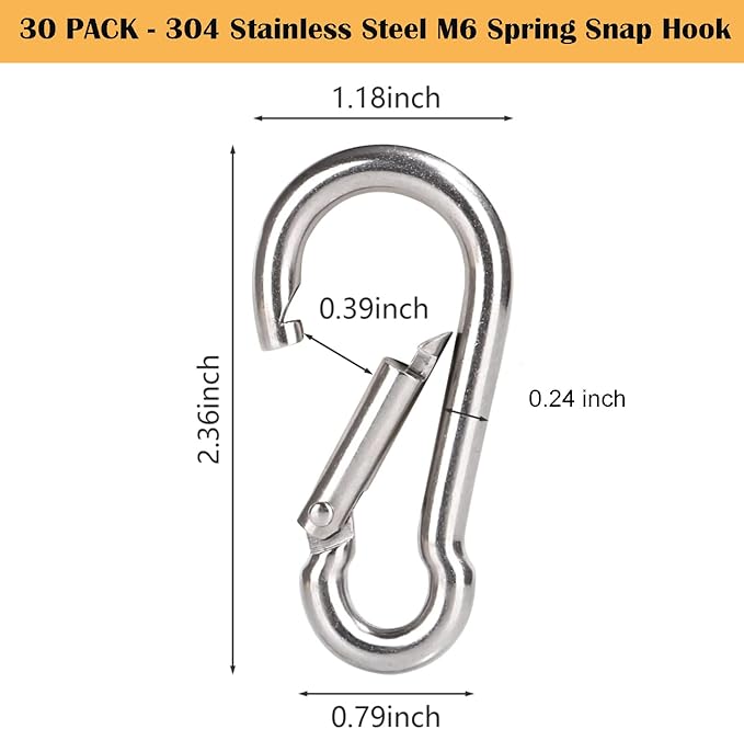 Stainless Steel Spring Snap Hook Carabiner M6 M8 M10 Heavy Duty Carabiner Clip Spring Clips Keychain 5/16 Inch Quick Links for Backpack, Hammocks, Camping, Swing(16/30/10PCS)-StrideForce Fitness